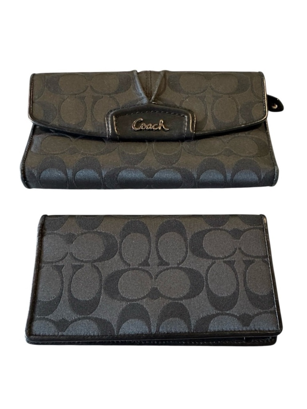 Coach Signature Wallet & Checkbook Holder Set Black/Gray Canvas Leather Trim